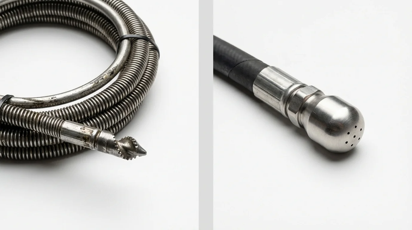 Drain snake cable and hydro jetting nozzle used for drain cleaning in Quincy, CA