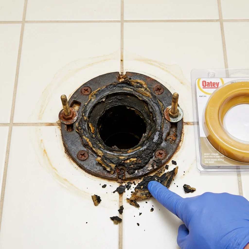 Failed wax ring showing water seepage at the base of a toilet in a Quincy, CA home